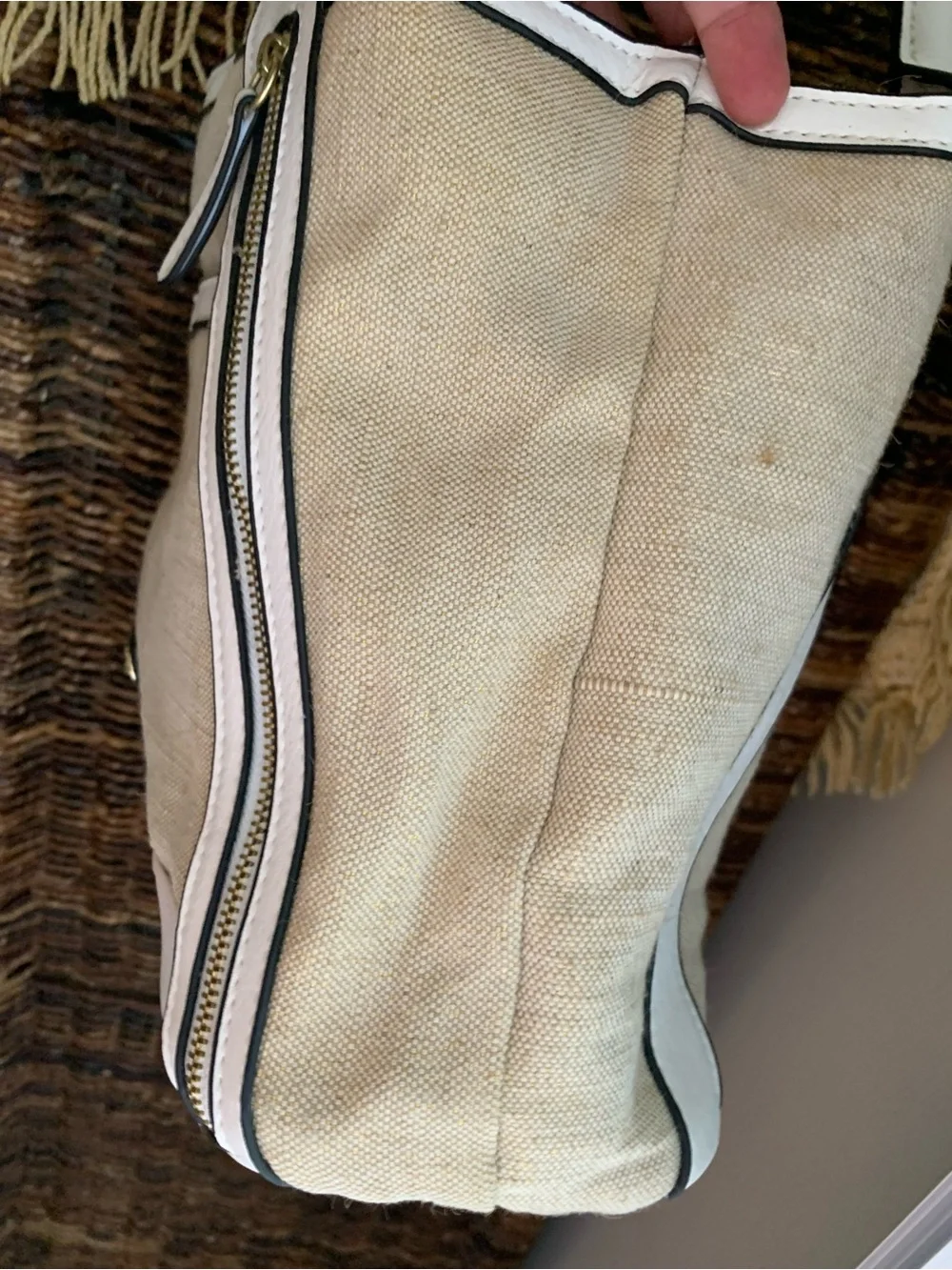 Canvas and White Trim Tote Bag - Women's Neutral Shoulder Bag